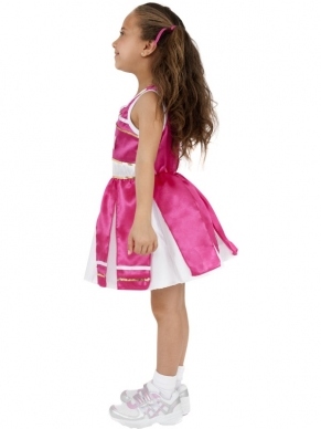 Cheerleader Meisjes Kostuum, bestaande uit het leuke roze/witte jurkje met pom poms.