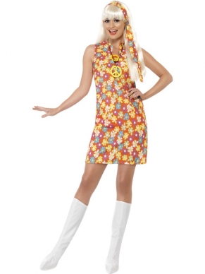 Bloem Hippie Kleurrijke Bloemen Kostuum. Bij het kostuum zit de pruik, ketting en witte voetstuk. Zelfs lekker terug naar de jaren '60 / '70.