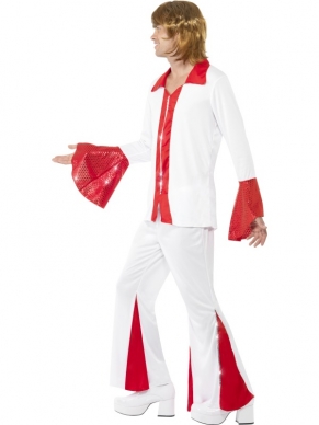 Te gek Seventies Abba Kostuum: Super Trooper Abba Heren Kostuum met rood wit shirt met uitlopende mouwen en wit rode broek met wijde pijpen. De pruik verkopen we verloren. Te gek seventies kostuum voor themafeesten of carnaval. 