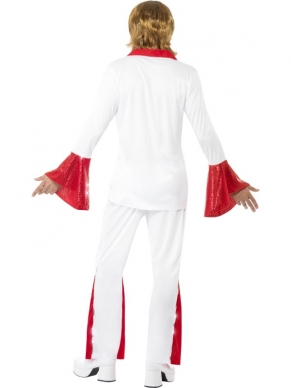 Te gek Seventies Abba Kostuum: Super Trooper Abba Heren Kostuum met rood wit shirt met uitlopende mouwen en wit rode broek met wijde pijpen. De pruik verkopen we verloren. Te gek seventies kostuum voor themafeesten of carnaval. 