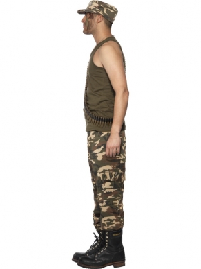 Stoer Camouflage Leger Carnavalskostuum. Khaki Camo Camouflage Heren Leger Kostuum met Shirt en camouflage broek. De leger accessoires verkopen we los. 