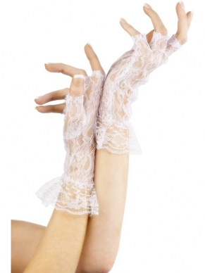 Witte Kanten Korte Handschoenen - mooie vingerloze handschoentjes als accessoire bij diverse verkleedkostuums. Ook leuk voor een Vrijgezellenfeestje of een meidenavond uit!