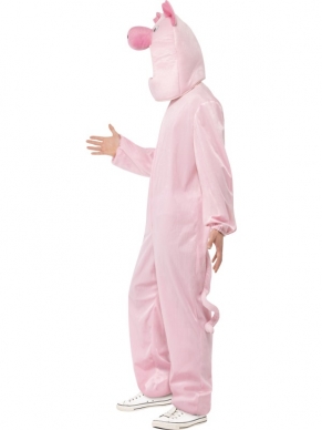 Roze Varken Heren Bodysuit Verkleedkostuum. Compleet verkleedkostuum met hoody varkenskop. Verkrijgbaar in 1 maat. 