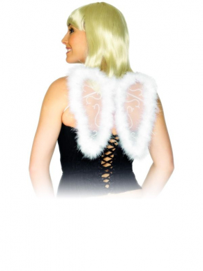Mini Engel Vleugels - witte vleugels (25 x 20 cm) met glitter details en bont. Maakt je Engel kostuum helemaal af! We verkopen nog vele andere Kerst kostuums en accessoires in onze webshop.