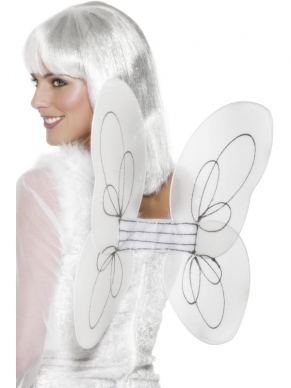 Engel Vleugels met Glitter - witte vleugels (50 x 30 cm) met zilveren glitter details. Maakt je Engel kostuum helemaal af! We verkopen nog vele andere Kerst kostuums en accessoires in onze webshop.