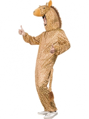 Compleet Heren Verkleedkostuum Giraf Bodysuit - verkrijgbaar in 1 maat. Met rits aan de voorkant is dit kostuum makkelijk aan en uit te trekken. De hoody met giraffekop zit aan het kostuum vast. Uw handen en voeten zijn in dit kostuum vrij. We verkopen nog veel meer dieren bodysuits voor dames en heren. 