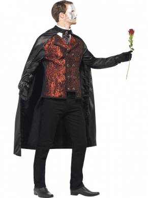 Dark Opera Maskerade Kostuum compleet met cape, nagemaakt shirt en wit masker. De handschoenen en zijde rode rozen zitten erbij. Prachtig kostuum voor Halloween en andere feesten!