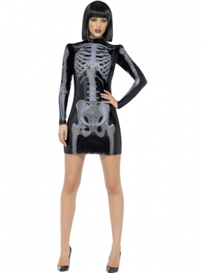 Sexy aansluitende zwarte jurk met skelettenprint. Sexy verkleedkleding voor Halloween of Carnaval. 