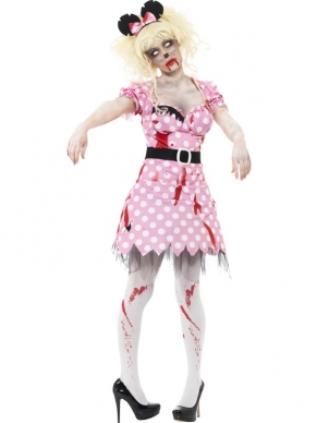 Zombie Minnie Mouse Horrorkostuum. Inbegrepen is de versleten minnie mouse jurk met bloedvlekken met riem en de haarband met minnie mouse oren. De horroraccessoires verkopen en verliezen. 