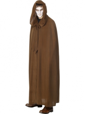 Gravekeepers Halloween Kostuum in het bruin. Een compleet gravekeeper kostuum met mantel en kap, te verkrijgen in de maat one-size-fits-all.