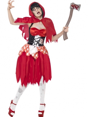 Enge Halloween Verkleedkleding. Zombie Roodkapje Horror Sprookjes Kostuum met Roodkapje jurk met latex borst, bloed en scheuren en de rode roodkapje cape. De horror halloween accessoires verkopen we los en als u de accessoires samen met dit kostuum koopt, krijgt u hoge kortingen. 