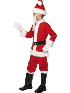 Deluxe Santa Kerstman Kostuum - compleet deluxe Kerstman kostuum met rode jas met zwarte riem, rode broek, kerstmuts, baard, witte handschoenen en bootcovers (hoezen voor over de schoenen). U bent in 1 keer klaar!