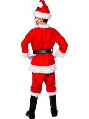 Deluxe Santa Kerstman Kostuum - compleet deluxe Kerstman kostuum met rode jas met zwarte riem, rode broek, kerstmuts, baard, witte handschoenen en bootcovers (hoezen voor over de schoenen). U bent in 1 keer klaar!
