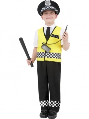 Politie Jongens Verkleedkleding. Complete jongensverkleedkleding met het shirt, de broek, het politiepet en het radiotoestel.