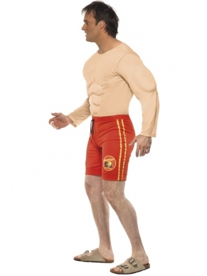 Baywatch Lifeguard Heren Kostuum met rode zwembroek en gespierde borstkast.