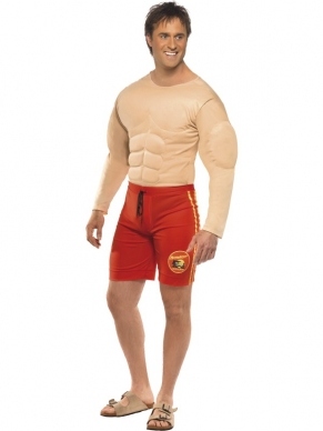 Baywatch Lifeguard Heren Kostuum met rode zwembroek en gespierde borstkast.