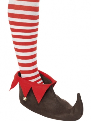 Bruine Elf Schoenen - bruine schoenen met rode rand en belletjes. Maakt je Elf kostuum helemaal af! Wij verkopen nog vele andere Kerstkostuums en accessoires in onze webshop.