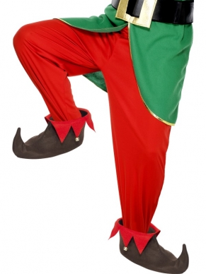 Bruine Elf Schoenen - bruine schoenen met rode rand en belletjes. Maakt je Elf kostuum helemaal af! Wij verkopen nog vele andere Kerstkostuums en accessoires in onze webshop.