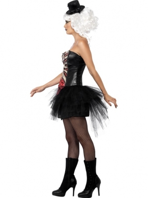 Grillig Ribben Burlesque Corset Kostuum, bestaande uit het zwarte jurkje met latex ribben en zichtbare ruggenwervel & darmen.  Leuk voor Halloween en andere horrorfeesten. De pruik, het hoedje en overige accessoires verkopen wij los.