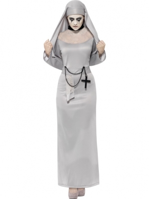 Gothic Nonnen Verkleedkleding in het grijs. De nonnenkleding is voorzien van jurk tot boven de enkels en een hoofdstuk. Leuk voor met Halloween en griezelige Gothic feesten.