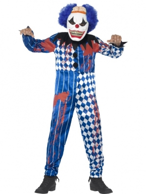 Vind jij clowns grappig? Of misschien een beetje eng? Met dit Deluxe Sinister Clown Halloween-kostuum maak je in ieder geval iedereen bang! Het wit - blauwe clown kostuum heeft een zwarte kraag, bloedvlekken en lange mouwen en broekspijpen. Ook het enge clownmasker met aangehechte blauwe clown haar en nephersenen is bij het kostuum inbegrepen. Wij verkopen ook vele andere clownaccessoires om je outfit af te maken.