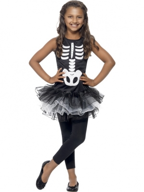 Kleedt je deze Halloween in dit leuke Skeleton Tutu Halloween-kostuum! Het zwarte jurkje heeft een witte skelet opdruk en een wit - zwart gelaagde tutu. Je kunt ook verschillende panty's en andere accessoires bij ons bestellen om je outfit compleet te maken.