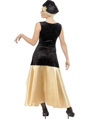 Jaren 20 Charlston Gatsby Dames Verkleedkleding. Compleet in de jaren twintig stijl. Mooie zwart/gouden jurk, hoedje en parelketting. Compleet kostuum.
 