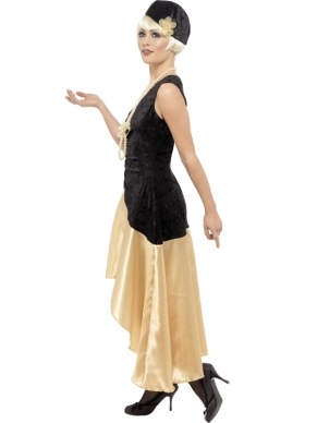 Jaren 20 Charlston Gatsby Dames Verkleedkleding. Compleet in de jaren twintig stijl. Mooie zwart/gouden jurk, hoedje en parelketting. Compleet kostuum.
 
