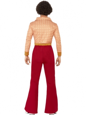 Authentic 70's Heren Kostuum - het kostuum bestaat uit een oranje top met lange mouwen en print en een rode lange broek met hoge taille en uitlopende pijpen. Helemaal leuk: wij verkopen ook eenzelfde vrouwenkostuum, dus ga verkleed als koppel! Om de outfit compleet te maken kun je ook verschillende pruiken en andere accessoires bij ons bestellen.