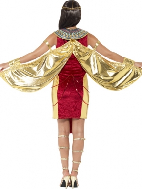 Goddess Isis Kostuum - rood - gouden jurk tot de knie met opdruk, gouden vleugels voor aan de armen, bijpassende grote ketting en gouden haarbandje. Ook voor verschillende accessoires om de outfit compleet te maken ben je bij ons aan het goede adres!