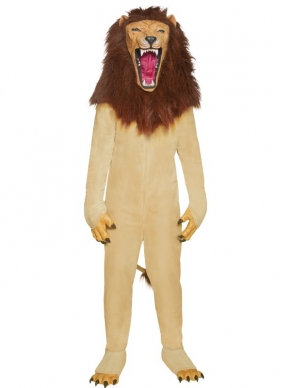 Cirque Sinister Circus Leeuw Kostuum - het kostuum bestaat uit een beige jumpsuit met leeuwenklauwen, losse hoezen voor om de schoenen en natuurlijk een prachtig leeuwenkop masker!
