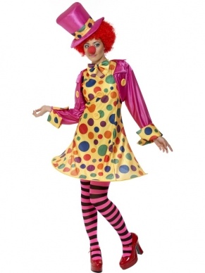 Polka Dot Clown Dames Kostuum. Inbegrepen is de leuke polka dot jurk met hoepel, shirt, strik, gestreepte kousen en grote hoed! Geweldig kostuum. De Afro pruik verkopen we los in diverse kleuren.