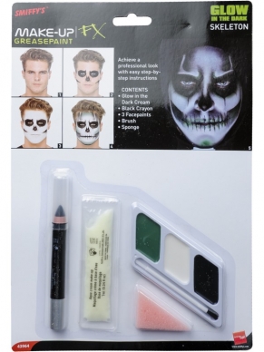 Glow in the Dark Skelet Make Up Kit, inclusief 3 kleuren schmink, creme, zwart krijtje, kwast, sponsje en instructies. Deze professionele look maakt je nu gemakkelijk zelf!