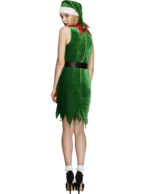Fever Naughty Elf Kostuum - groen jurkje tot boven de knie met rode kraag, wit bontrandje aan de bovenkant en belletjes, inclusief zwarte riem en bijpassende muts.