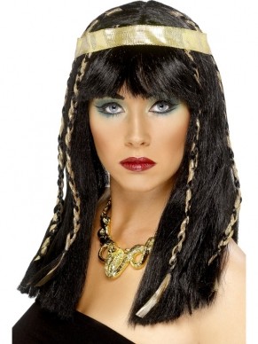 Egyptische Dames Pruik met Gouden Haarband en Vlechtjes.