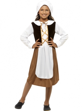 Tudor Girl Kinder Kostuum - Tudor kostuum, inclusief jurk met witte kraag, lange witte mouwen, donkerbruine gilet met gouden veter en lichtbruine rok met wit kort en wit mutsje.