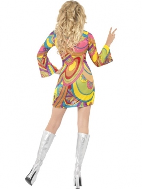 Fever 60's Flower Power Dameskostuum. Inbegrepen is het felgekleurde jurkje met haarband. Accessoires voor Hippie Feesten verkopen we los in onze webwinkel.