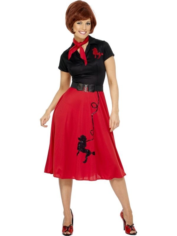1950s Style Poodle Dames Kostuum1950s Style Poodle Dames Kostuum. Inbegrepen is dit zwart/ rode jurkje met Poedelprint en riem en sjaal. Pruiken verkopen we los op onze website.