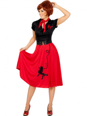 1950s Style Poodle Dames Kostuum1950s Style Poodle Dames Kostuum. Inbegrepen is dit zwart/ rode jurkje met Poedelprint en riem en sjaal. Pruiken verkopen we los op onze website.