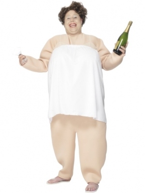 Little Britain, Bubbles Verkleedkleding. Dit little Britain kostuum is van de personage Bubbles uit de serie. Het kostuum bestaat uit een fat suit met een witte handdoek. Dit kostuum is beschikbaar in 1 maat, ongeveer maat M/L.
