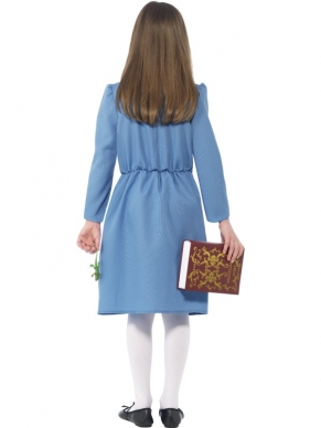 Naar het gelijknamige boek van Roald Dahl een prachtig Matilda Kostuum.Inbegrepen zijn de blauwe jurk met het boek en de salamander.
Maak je outfit af met een rode lint in het haar!