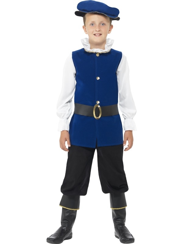 Mooi Jongens Tudor Kostuum, inbegrepen zijn de bovenkleding, broek, schoenenhoezen, riem en de hoed.