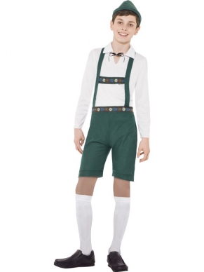 Bavarian Jongens kinder kostuum.Inbegrepen zijn de groene Lederhosen met de bretels, het shirt en de hoed.
Maak je outfit af met kneesokken! 