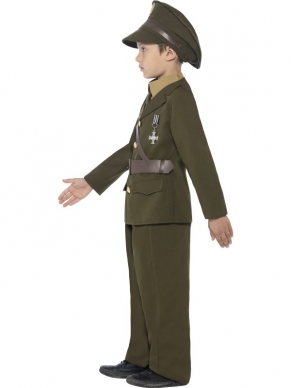 Volledig Legerofficier kinder kostuum. Inbegrepen zijn de jas met riem, broek, hoed en de kraag met stropdas.