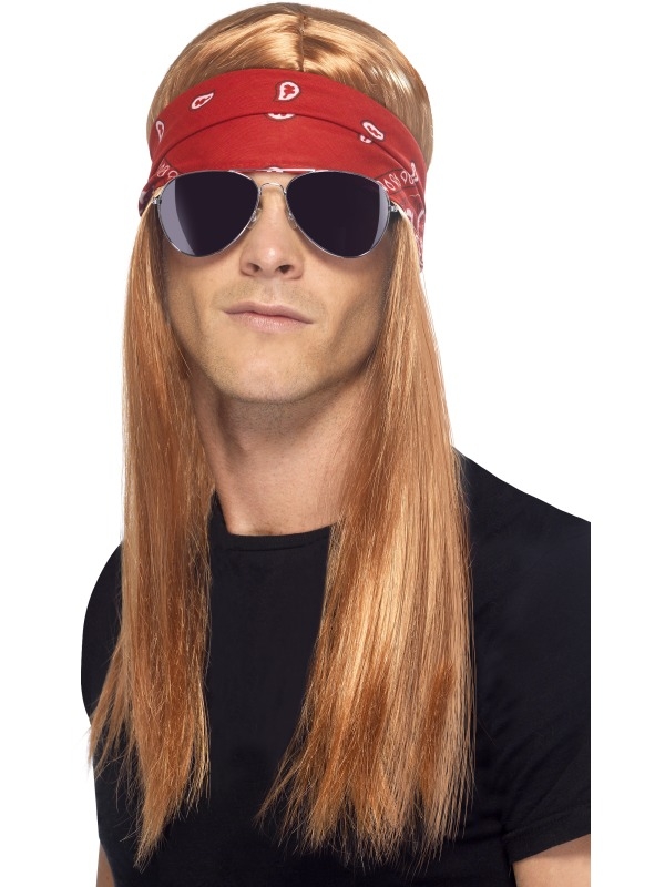 90's Rocker verkleedsetje met een kastanjebruine Pruik, rode bandana en zonnebril. Perfect om je 90's outfit af te maken! 
