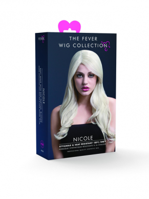 Prachtige Fever Nicole Pruik van hoogwaardige kwaliteit.Blonde lange pruik met golvende krullen en een zij-scheiding.66 cm.