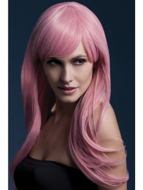 Prachtige Fever Sienna Pruik van hoogwaardige kwaliteit.Pastel roze pruik, lange met lagen en een pony.66 cm.