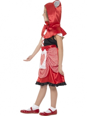 Roodkapje Kostuum voor meisjes, bestaande uit de rode jurk met cape, aan de cape zit een capuchon met wolvenoren.Leuk voor Carnaval of Musical.