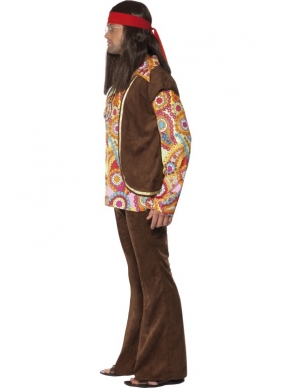 Psychedelic Sixties heren kostuum met shirt, broek en gilet.
Maak je outfit af met een hoofddoek, lange hippie haren en een peace teken ketting.