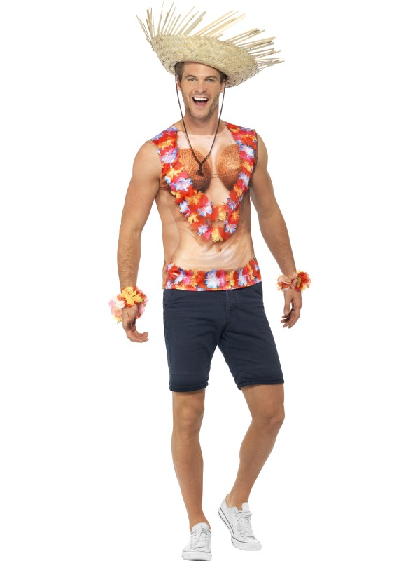 Grappig Shirt voor een Hawaii Zomer feest dit leuke hawaii shirt met opdruk van een bloot bovenlijf met kokosnoten en een bloemenkrans. Draag er een korte broek en Hawaii Hoed bij en je Hawaii look is helemaal klaar. Ook leuk voor vrijgezellenfeesten of Carnaval. 